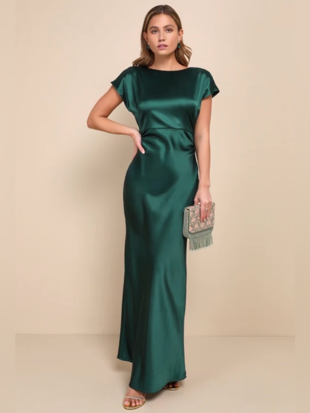 Lulus Captivating Presence Forest Green Satin Cowl Back Maxi Dress S NWT